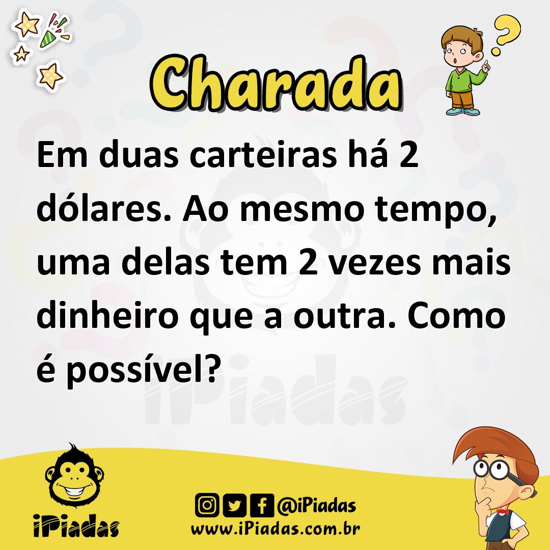 Ilustração de Em duas carteiras há 2 dólares. Ao mesmo tempo, uma delas tem 2 vezes mais dinheiro que a outra. Como é possível? no iPiadas