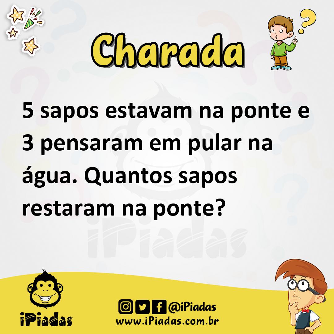 Ilustração de 5 sapos estavam na ponte e 3 pensaram em pular na água. Quantos sapos restaram na ponte? no iPiadas