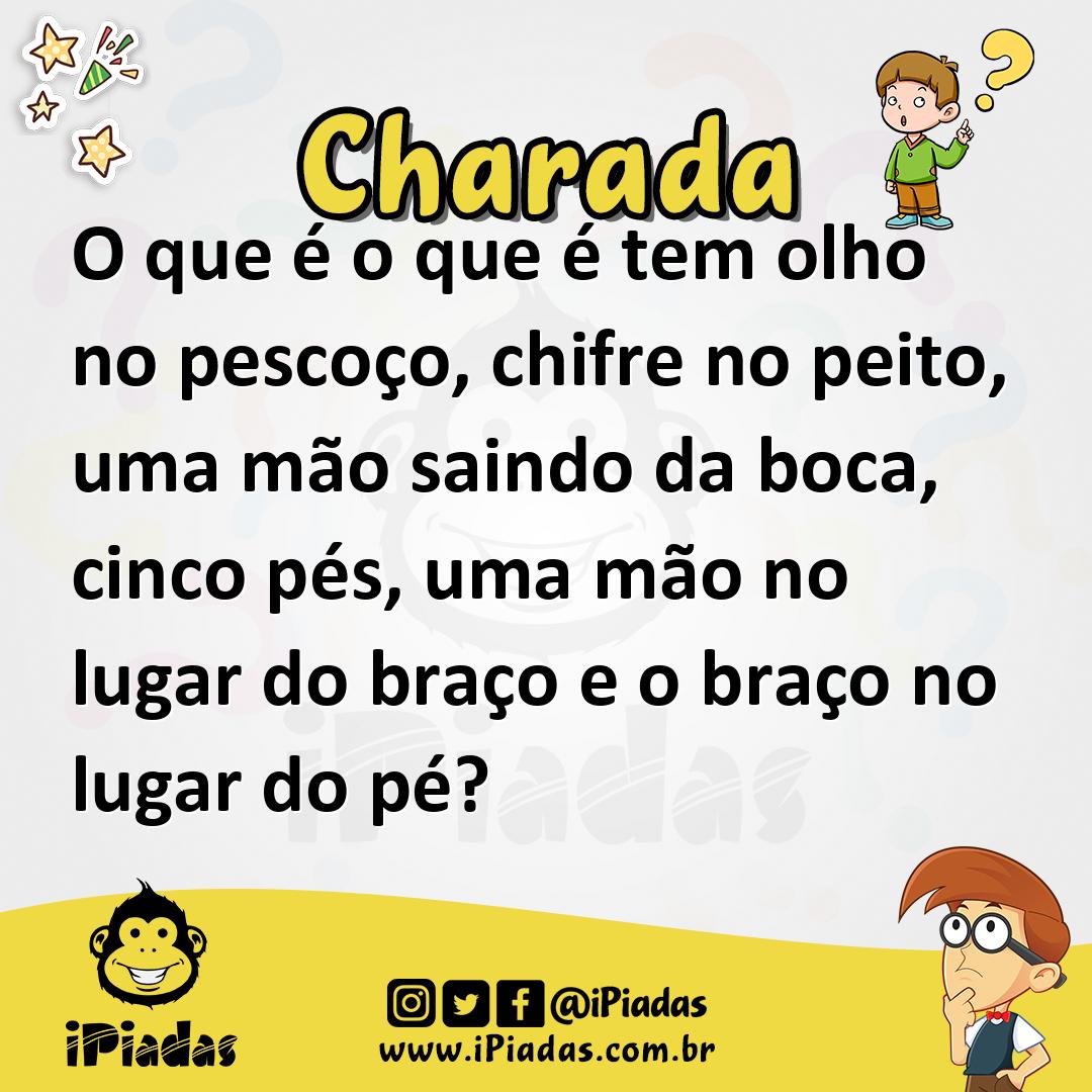 Ilustração de O que é o que é tem olho no pescoço, chifre no peito, uma mão saindo da boca, cinco pés, uma mão no lugar do braço e o braço no lugar do pé? no iPiadas