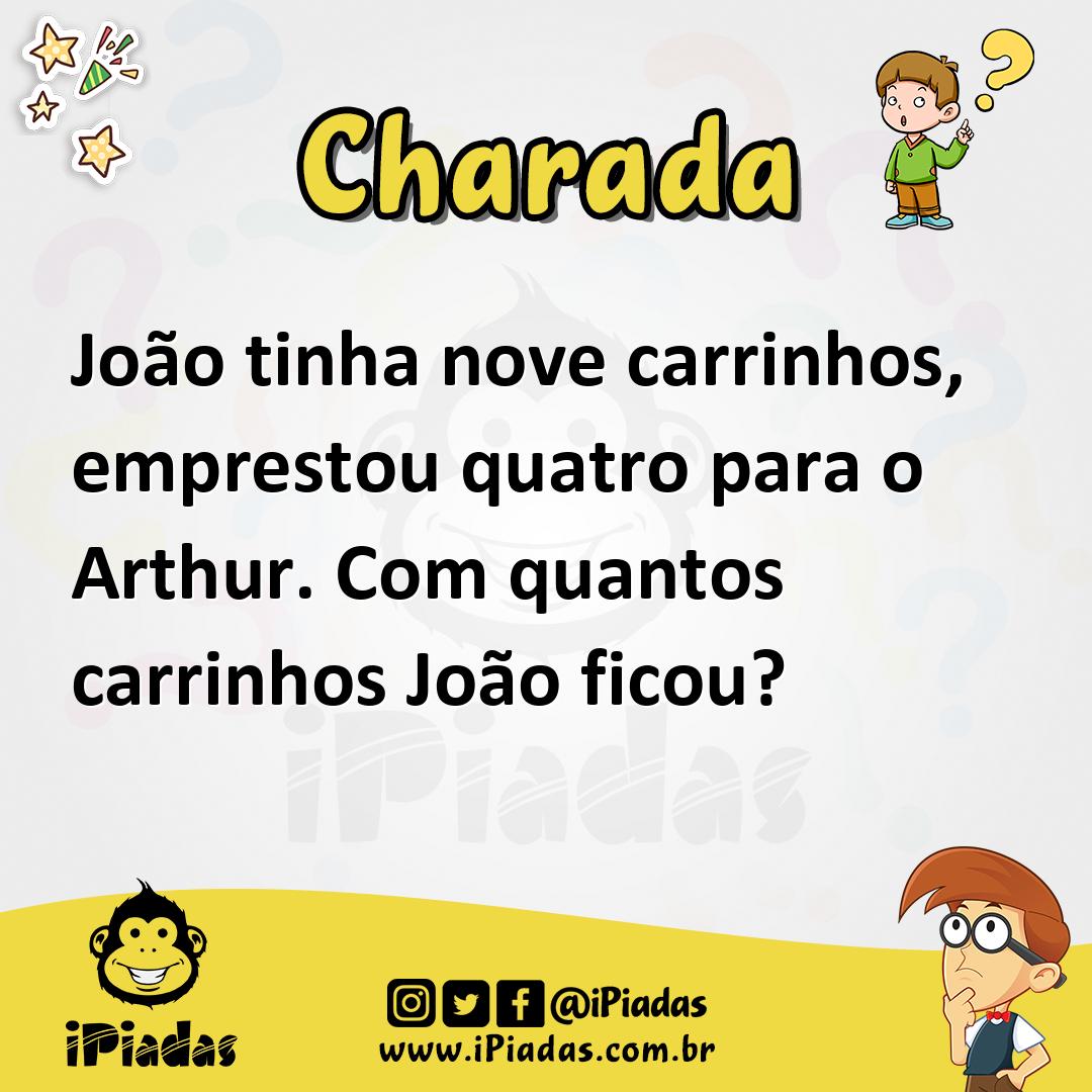 Ilustração de João tinha nove carrinhos, emprestou quatro para o Arthur. Com quantos carrinhos João ficou? no iPiadas