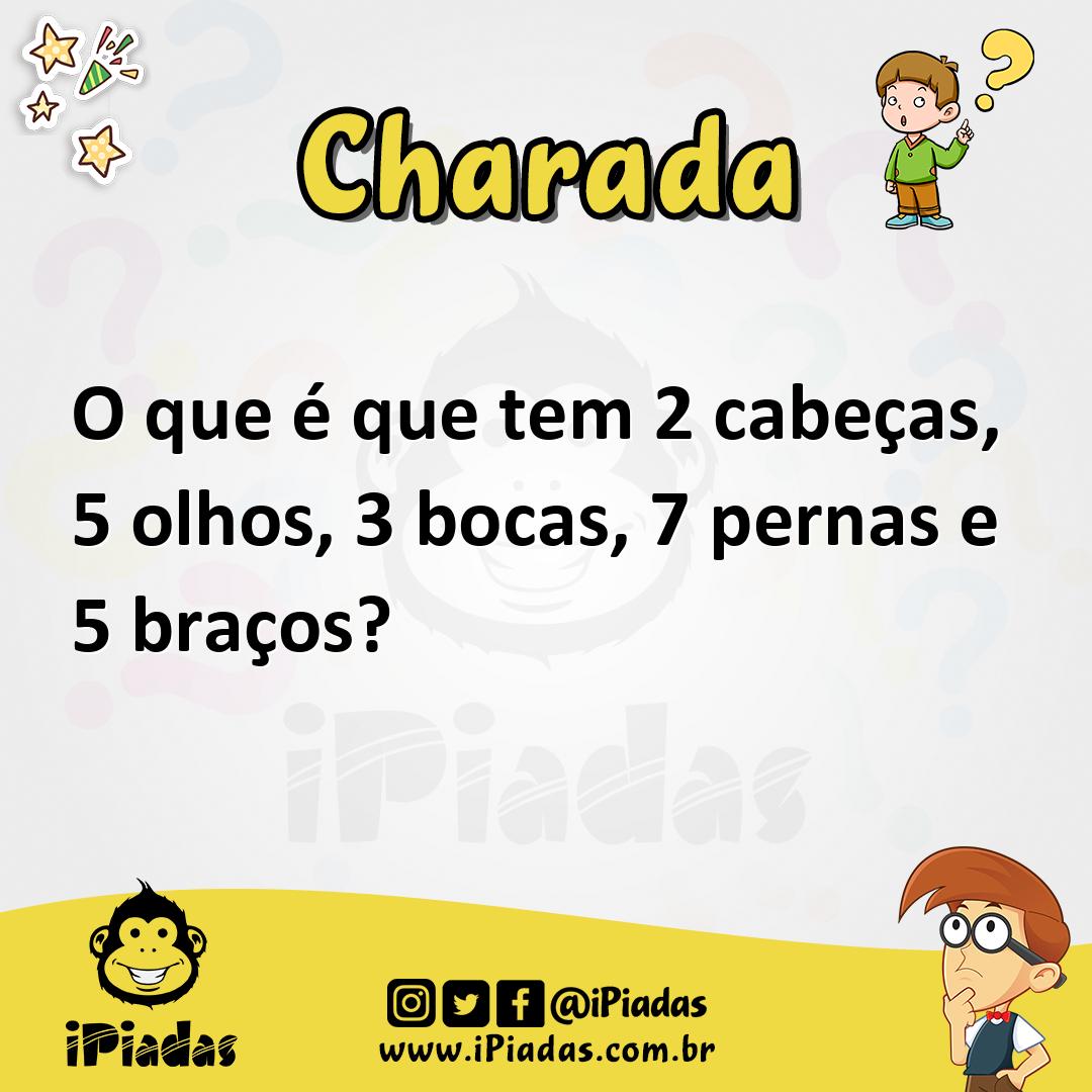 Ilustração de O que é que tem 2 cabeças, 5 olhos, 3 bocas, 7 pernas e 5 braços? no iPiadas