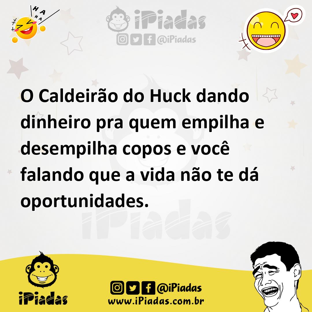 Ilustração de O Caldeirão do Huck dando dinheiro pra quem empilha e desempilha copos... no iPiadas
