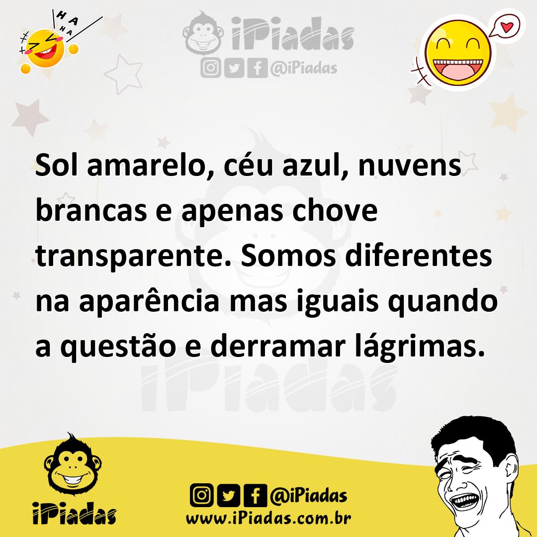 Ilustração de Sol amarelo, céu azul, nuvens brancas e apenas chove transparente. Som... no iPiadas