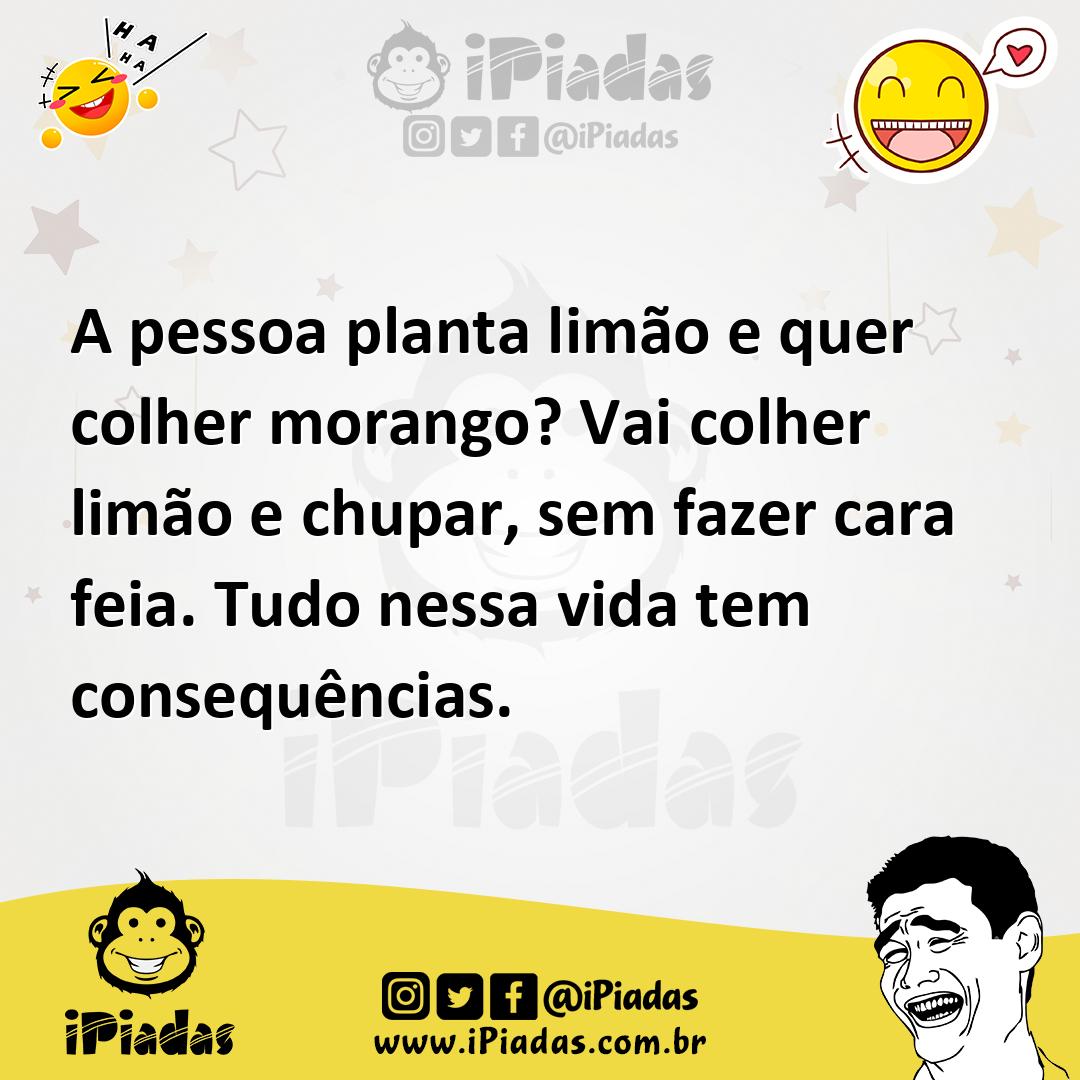 Ilustração de A pessoa planta limão e quer colher morango? Vai colher limão e chupar... no iPiadas
