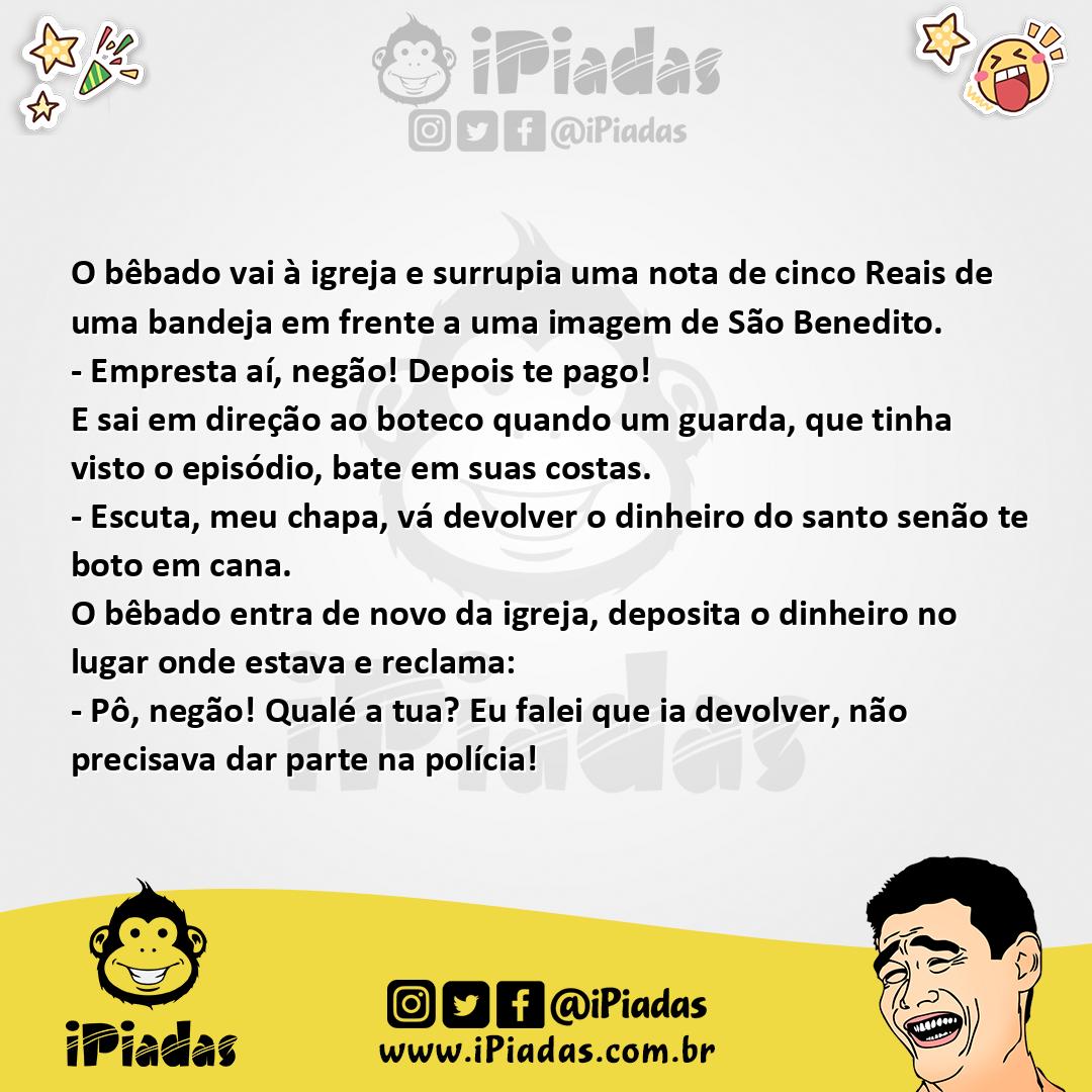 Ilustração da piada Empréstimo de São Benedito no iPiadas