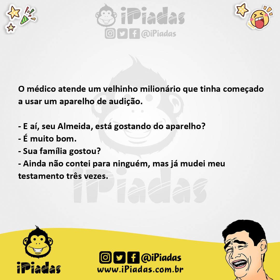 Ilustração da piada Velhinho milionário com aparelho de audição no iPiadas